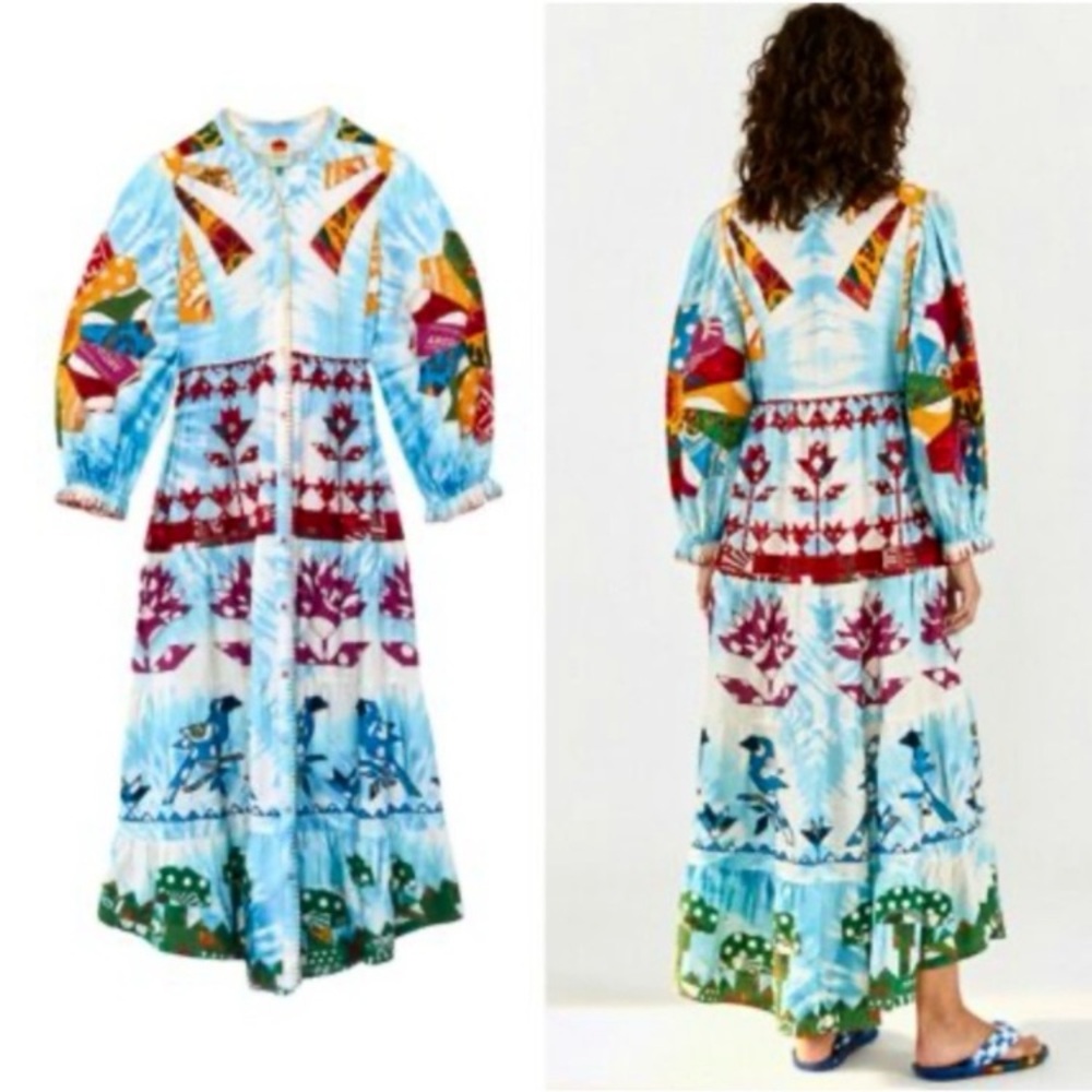 RARE FARM Rio Tie Dye Rainbow Patchwork Maxi Dress Batik Print Blue Size S or M - Picture 7 of 16